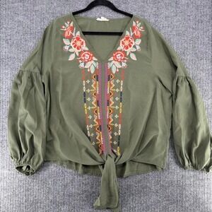 embroidered boho peasant olive green cottagecore womens med tie front flowy top